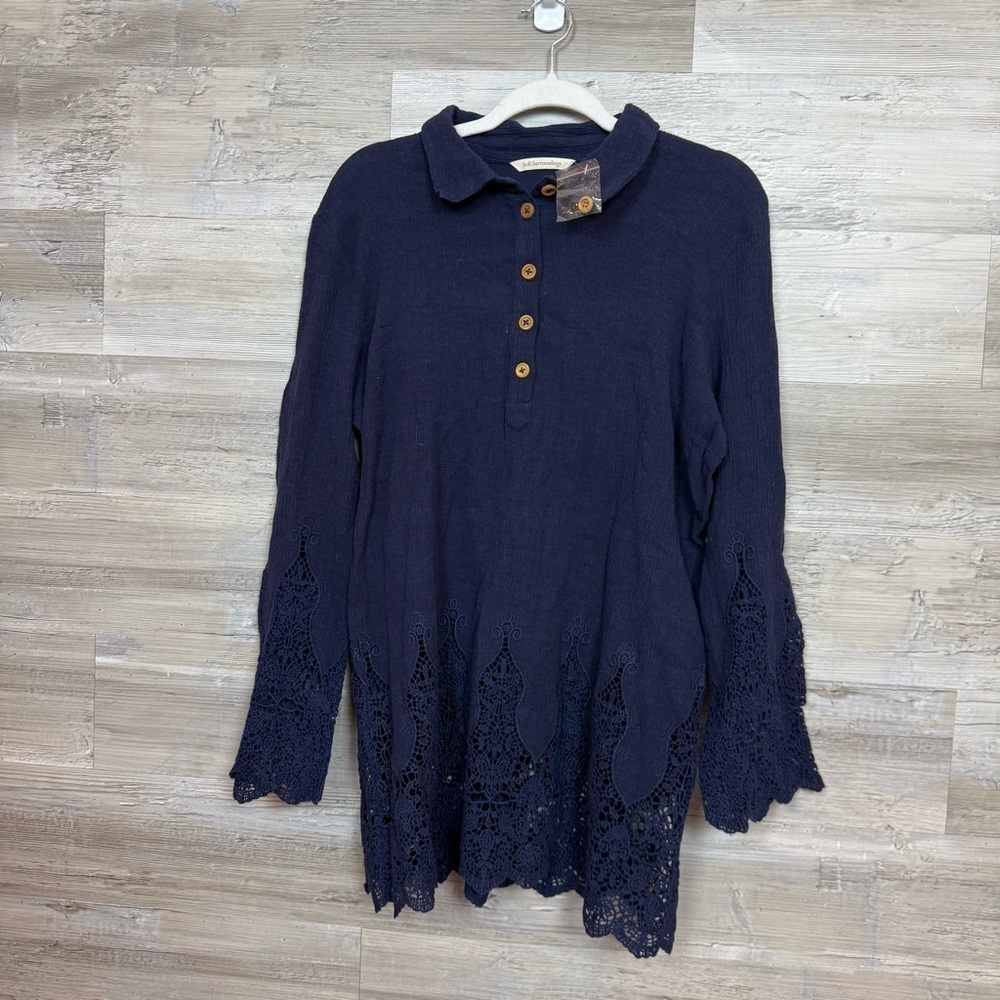 Soft Surroundings Navy Blue Crochet Lace Hem Boho Tunic Top - Size Medium